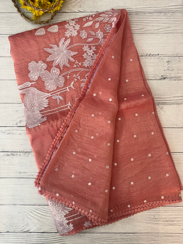 Crush Organza Applique work saree MS14997- Peach