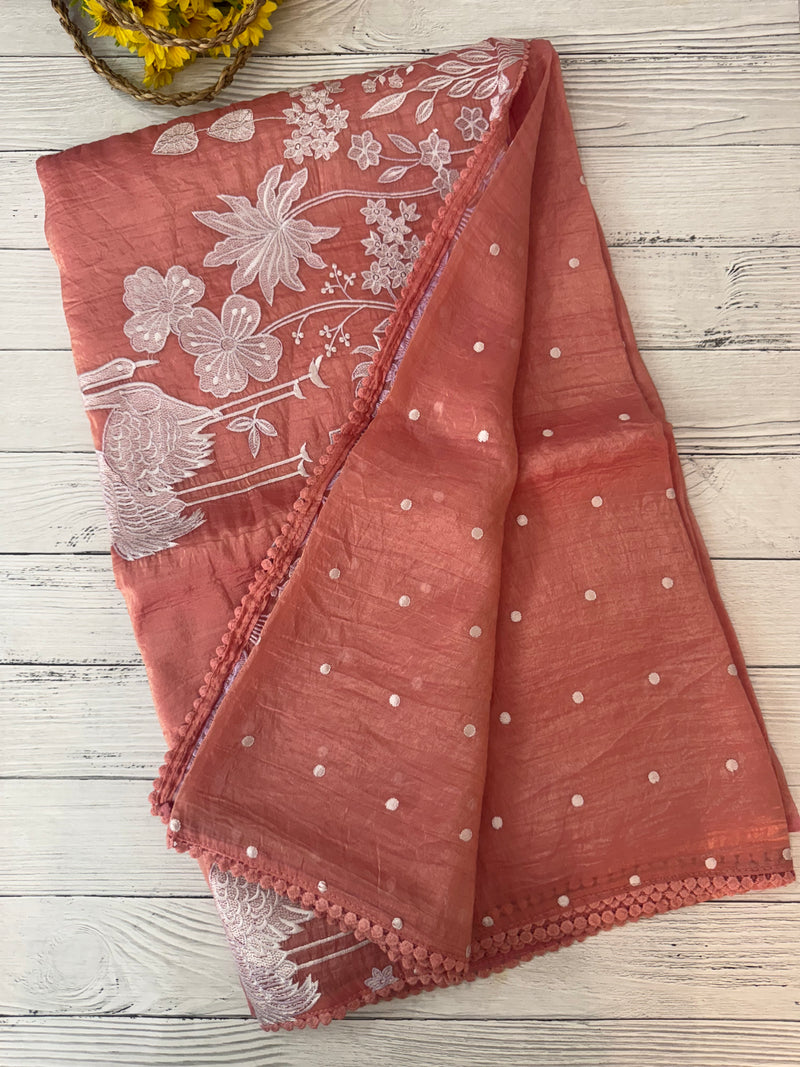 Crush Organza Applique work saree MS14997- Peach
