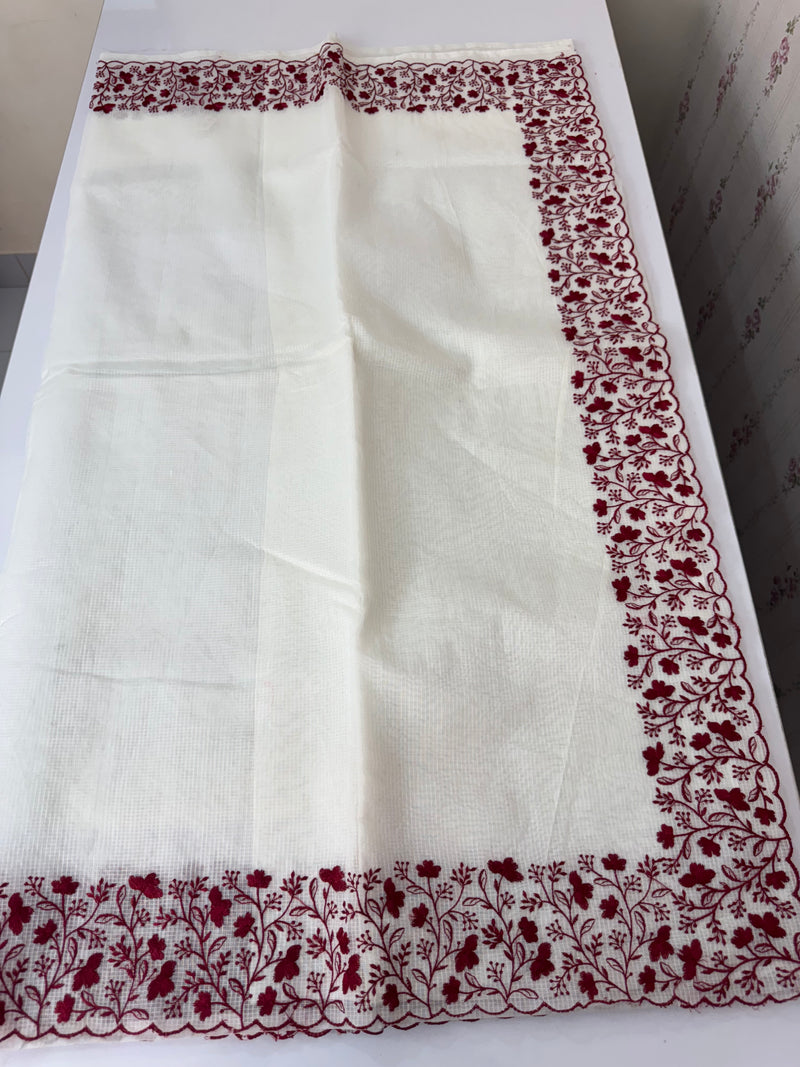 Kota silk saree with embroidery MSB643 OffWhite & Maroon
