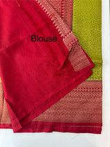 Banarasi semi katan saree with contrast border MS6665- ParrotGreen to MaroonRed