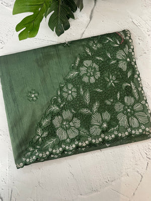 Cutwork Semi tussar saree MTSS680 DarkGreen