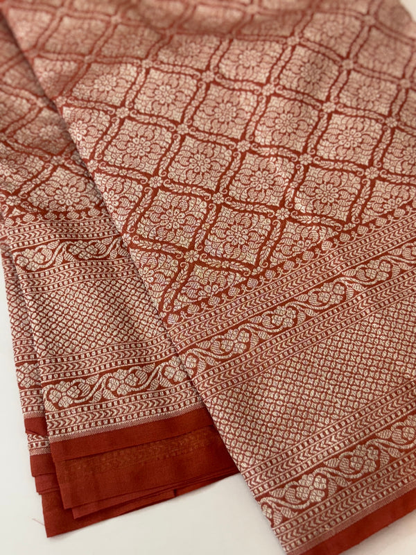 Banarasi semi katan saree in silver zari SHKNRIM- DuskyOrange