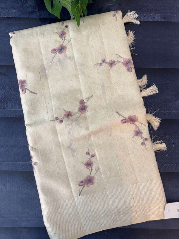Blended tussar saree with embriodery - MS8665 Cream