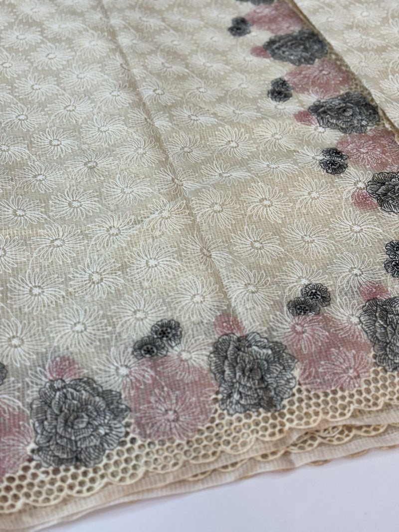 Cutwork Phulkari NetKota Embroidery saree - OffWhite