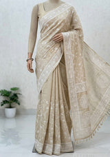 Blended tussar saree with embriodery - MS7399 Cream