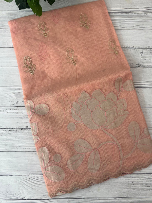 NetKota saree with tissue applique work MS15145- PastelPeach