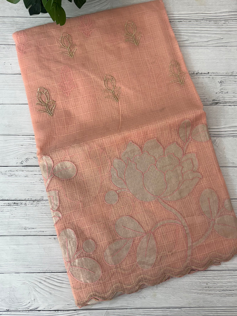 NetKota saree with tissue applique work MS15145- PastelPeach