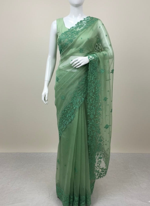 Tissue Organza saree with embriodery MS14638 JadeGreen