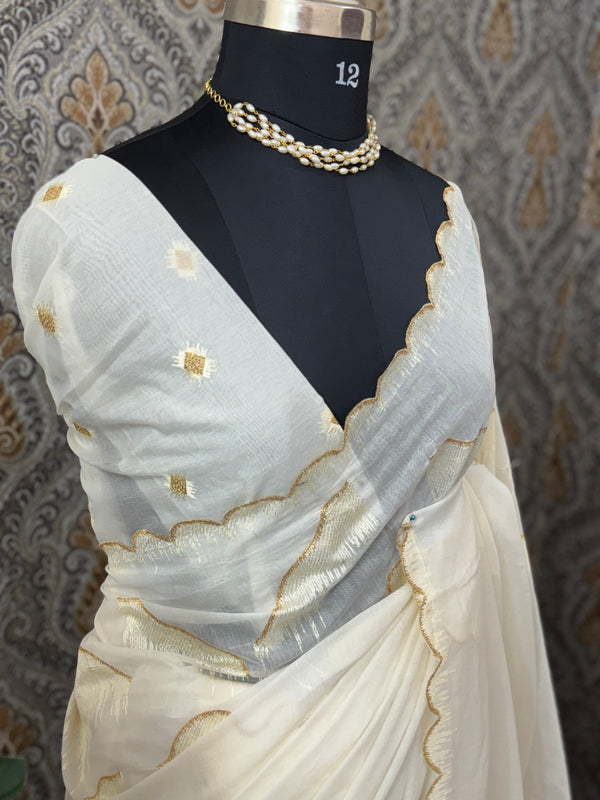 Mul chanderi embriodery saree with scalloped borders MCBS654