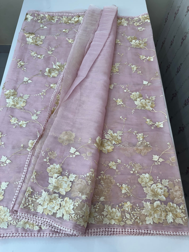 Tissue Organza saree with thread work  MS14931 PastelPink