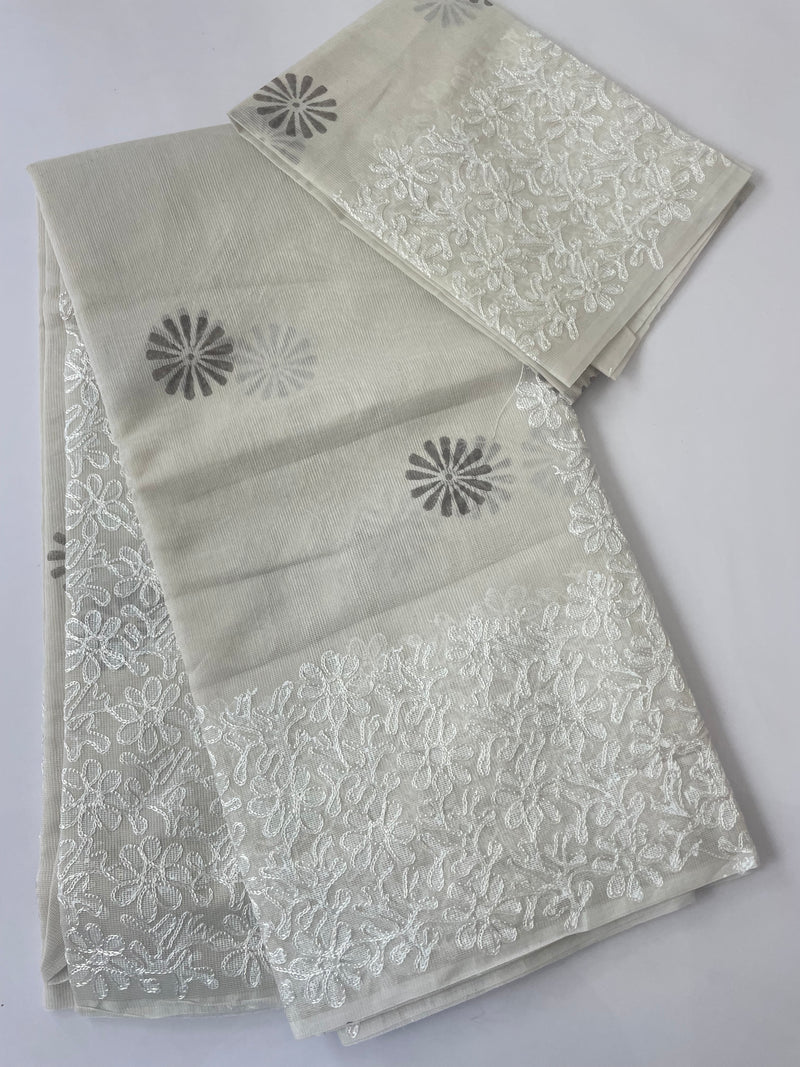 Supernet blockprinted saree with aari work MSUP311 LightGrey