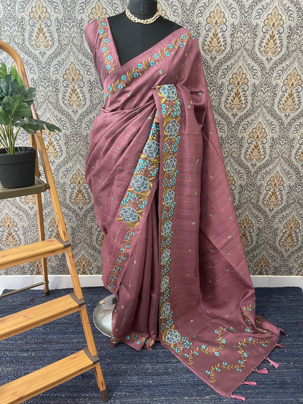 Blended tussar silk saree with embroidery SNFNRCY FadedWine