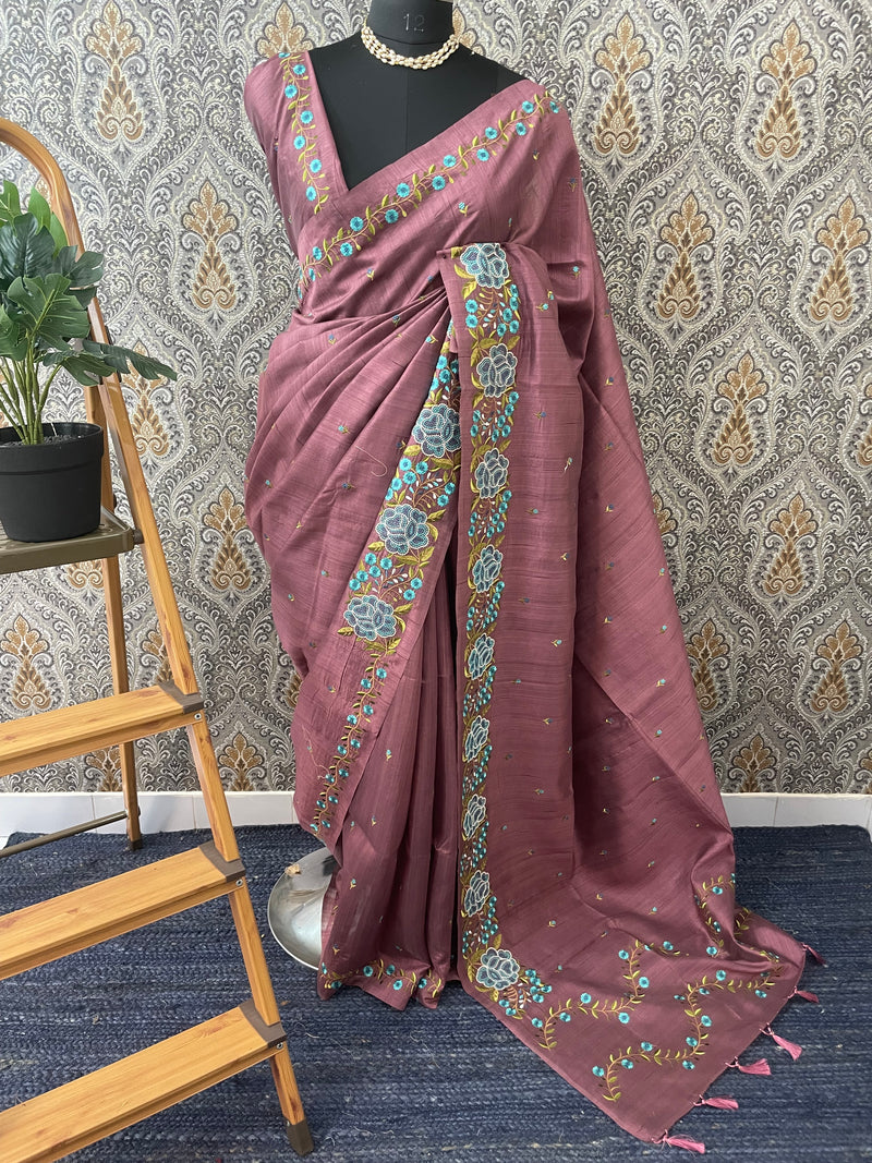 Blended tussar silk saree with embroidery SNFNRCY FadedWine