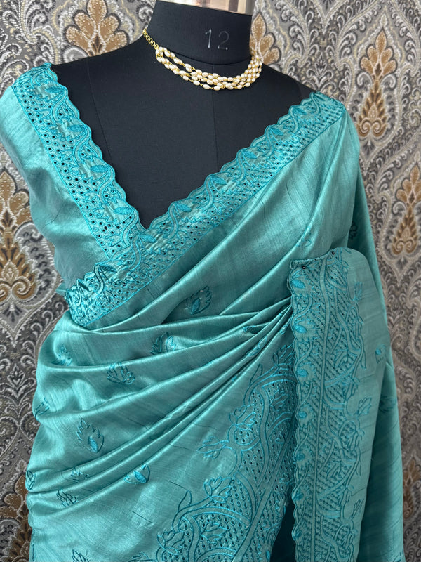 Blended tussar silk saree with embroidery and cutwork- MS78911