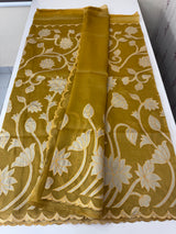 Dual tone Crush silk Organza Applique work saree MS14567- DuskyMustardYellow