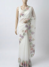 Handworked glass organza saree with applique work- MSHW227 - White