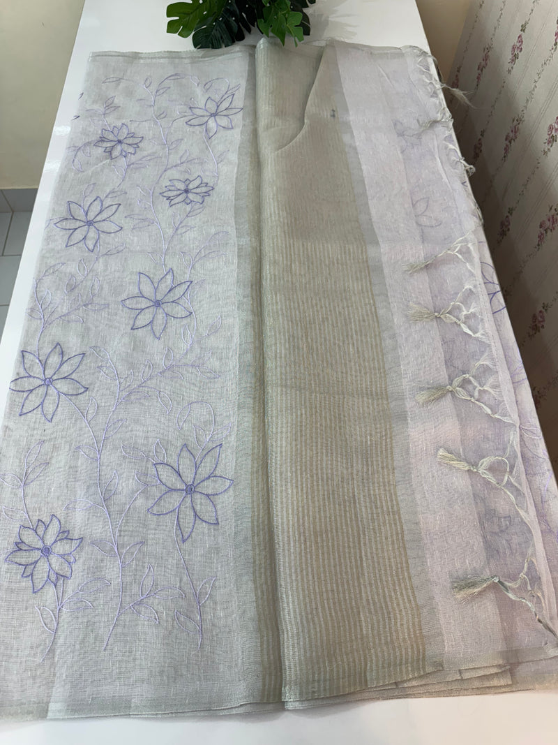 Tissue Linen Saree with embroidery MRS786 - Pastel Lavender