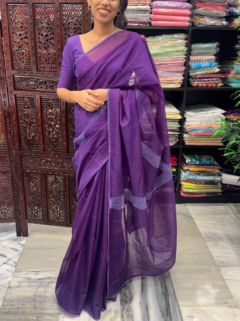 Supernet saree with crochet work and lace border MCJ5433 - Purple(Design - Diagonal Crochet)