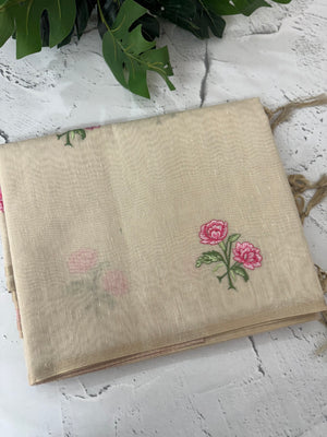 Tissue linen saree with embroidery MSL4900 - Pink flowers