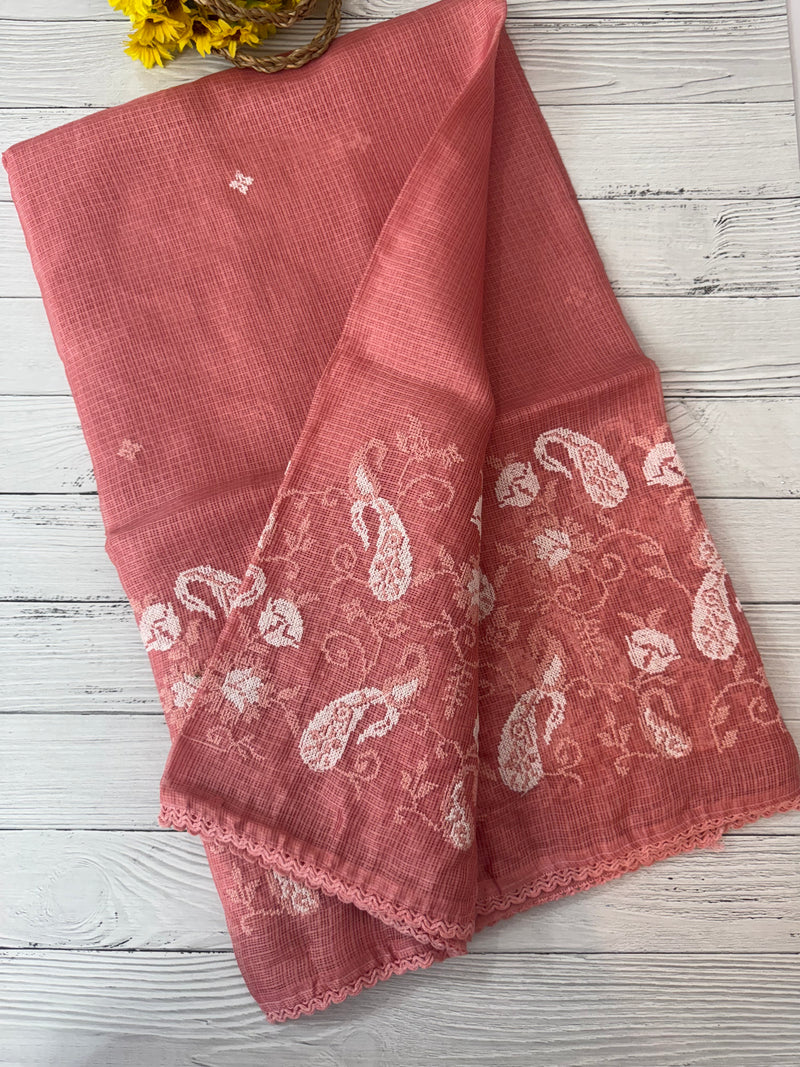 Soft kota checks saree with embroidery SVPIIY- Peach