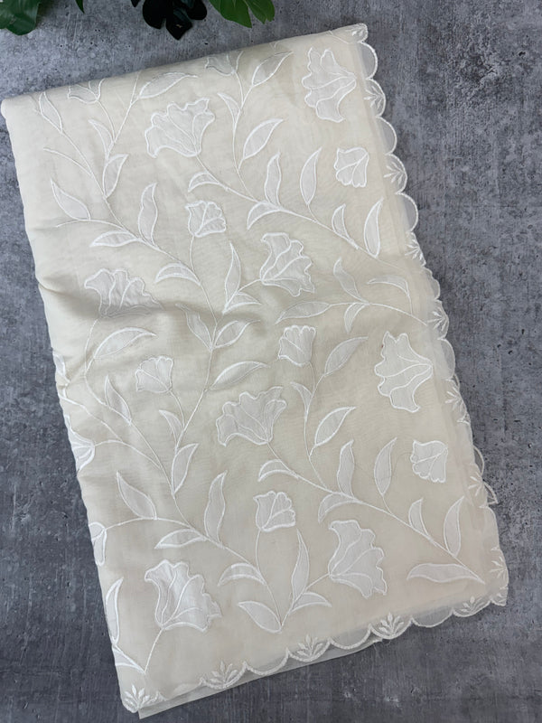 Mul chanderi applique work saree  MSH115 - Offwhite