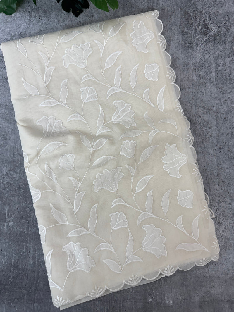 Mul chanderi applique work saree  MSH115 - Offwhite