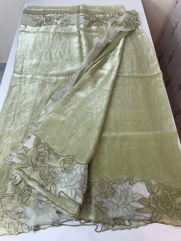 Fancy satin silk organza saree with applique borders MS14207 DuskyGreen