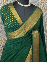 Crepe Banarasi viscose Georgette saree with brocade blouse MS953211- BottleGreen