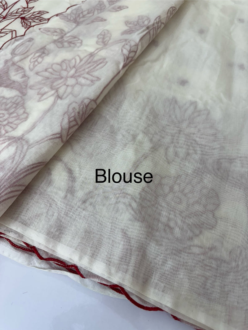 Mul chanderi embriodery saree  MSH135 - Offwhite & Red