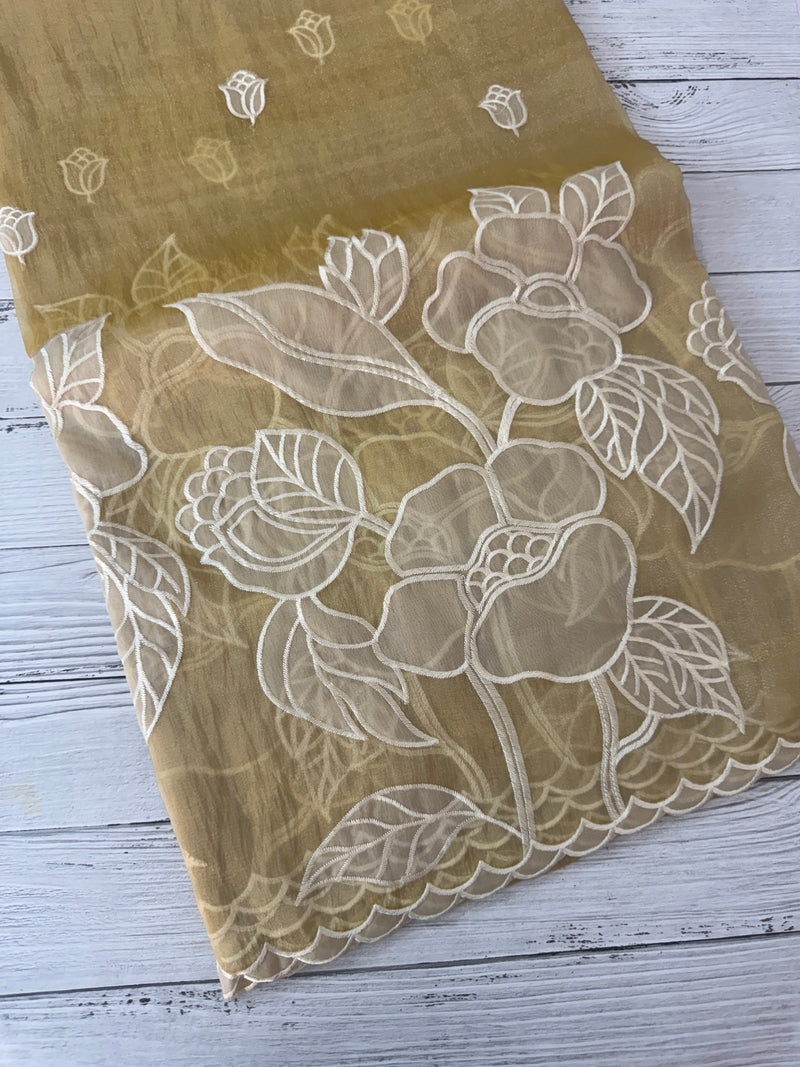 Tissue Organza Applique work saree MS15199- Creamy Yellow