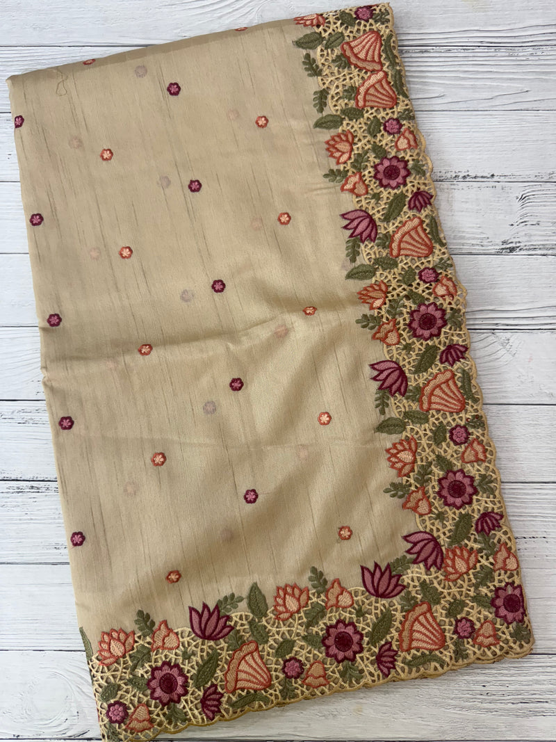 Cutwork Blended tussar saree MTS609 - Beige