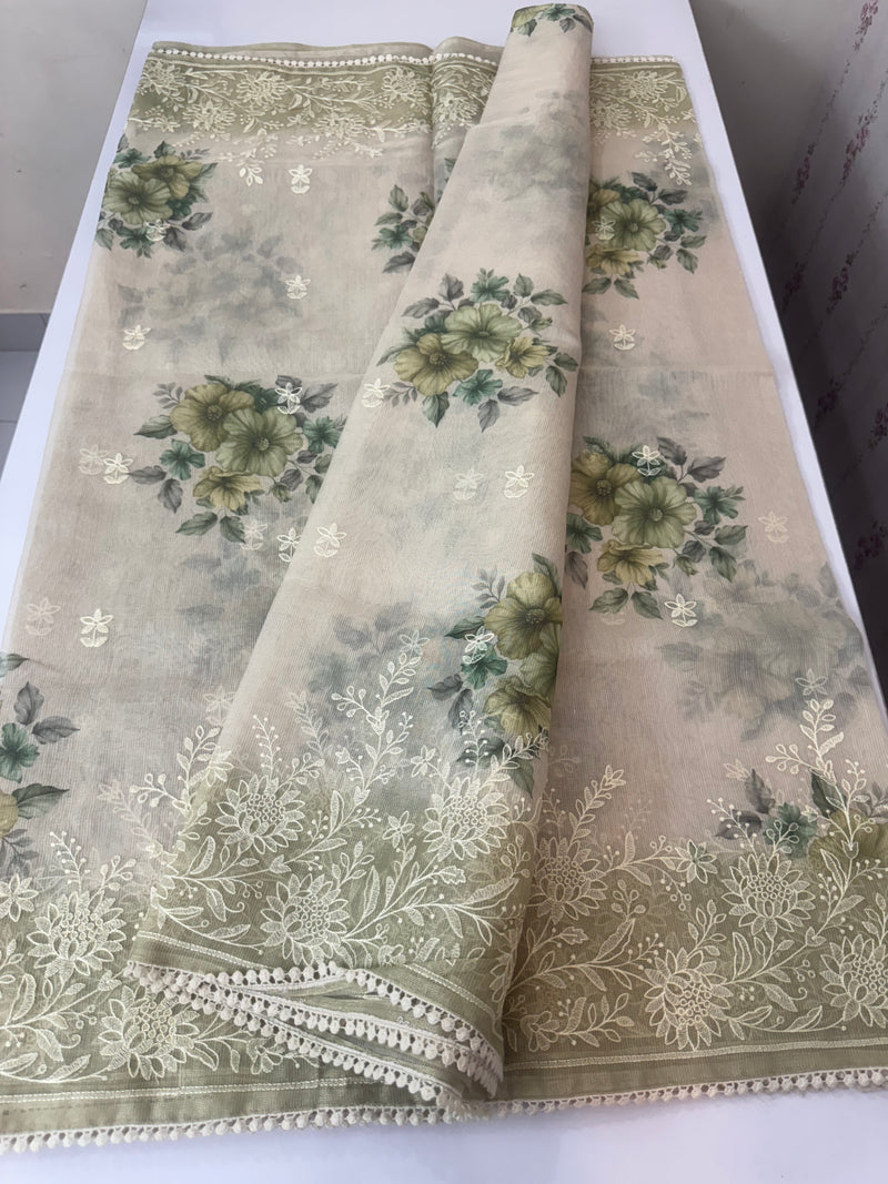 Digital printed Tissue silk saree with Chikankari embroidery MS88786