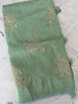 Soft Crush Organza Applique work saree with tissue applique work MS14978 CyanBlue
