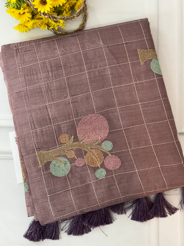 Crushed Blended tussar silk saree with embroidery- SNFCYEY Dusky Mauve