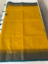 Jute silk sarees with contrast pallu & blouse MJL396 Mustard to Blue