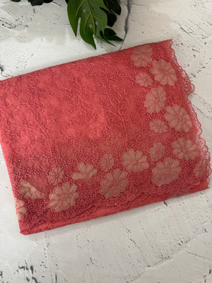 Semi Soft Organza saree with thread work and applique borders - MCW666 DarkPeachyPink