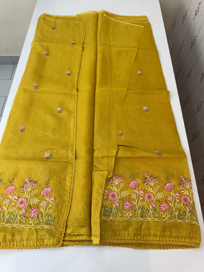 Soft kota checks saree with embroidery - SVPSNM Yellow