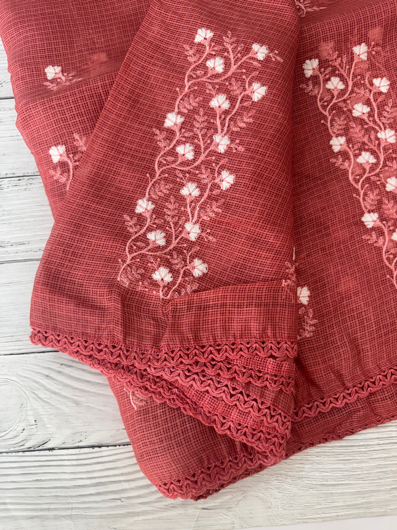 Kota checks saree with embroidery SVTS34 - Rusty darkpeach