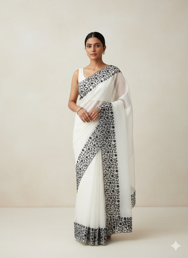 Kota silk saree with embroidery MSB643 White & Black