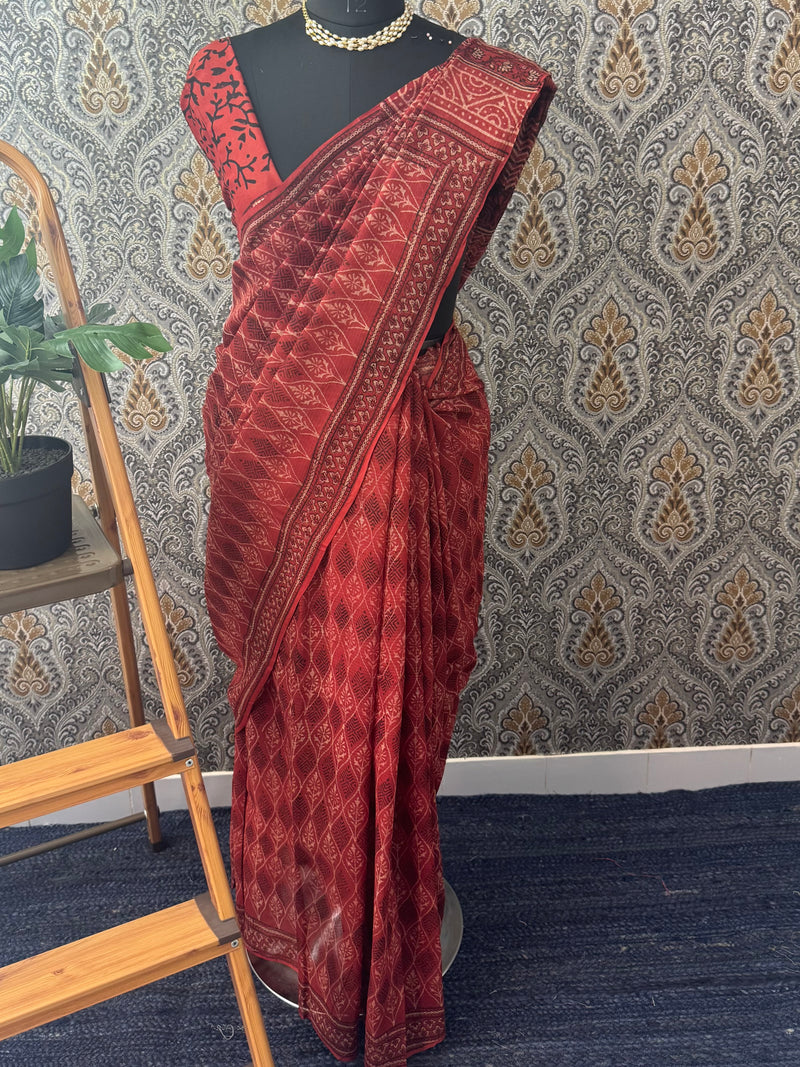 Hand block printed pure kota doria saree MBKD459y