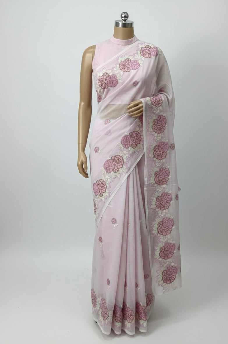 Supernet saree with cross stitch embroidery MSH116- Lavender