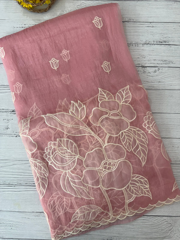 Tissue Organza Applique work saree MS15199- Pastel PeachyPink
