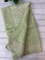 Semi linen saree with chikanakari embroidery- MS15086 PastelGreen