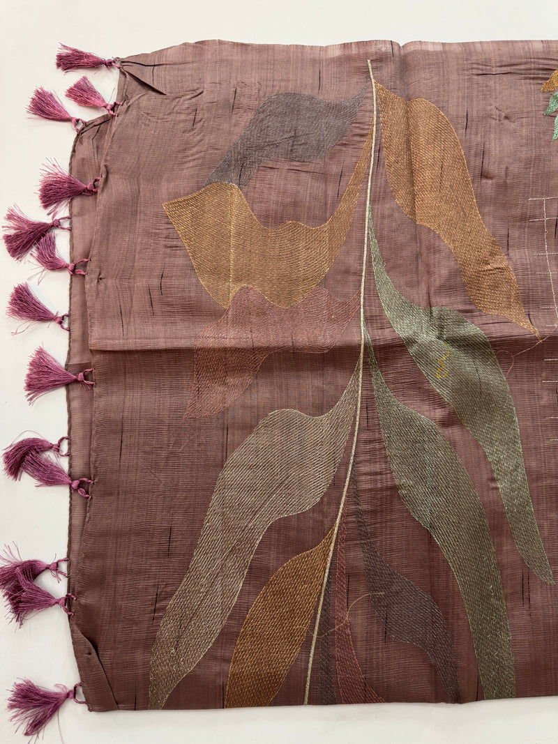 Crushed Blended tussar silk saree with embroidery- SNFCYEY DuskyMauve