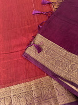 Jute silk sarees with contrast pallu & blouse MJL396 Rust to Wine