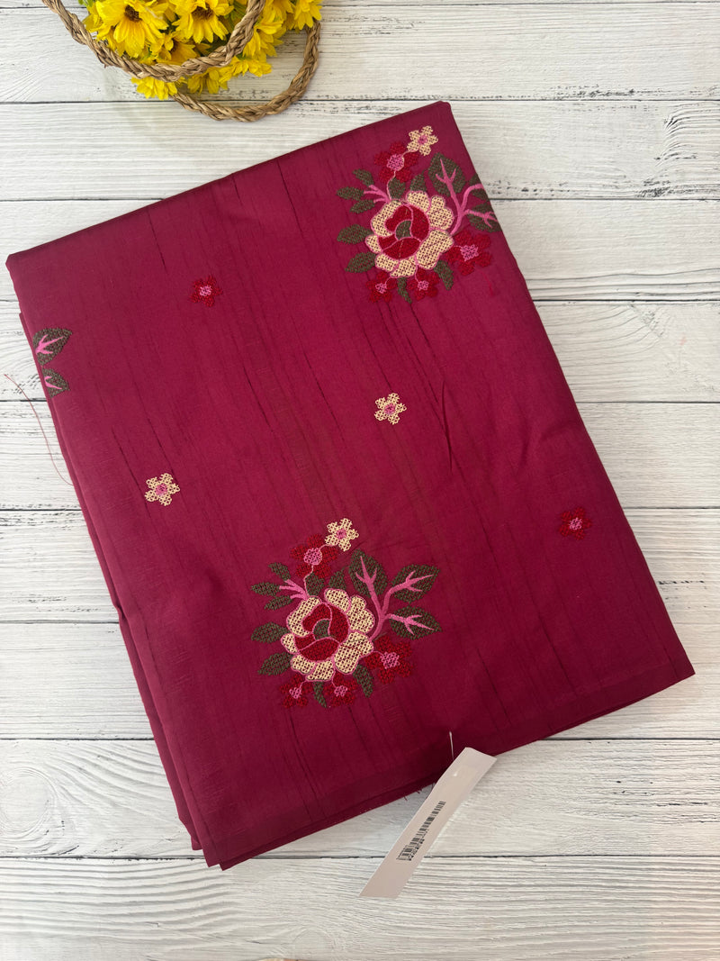 Blended matka tussar silk saree with embroidery - MS90654 Cranberry