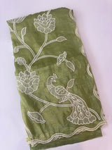 Crush Organza Applique work saree MS14987- Green
