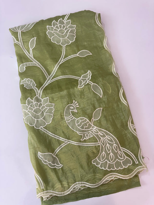 Crush Organza Applique work saree MS14987- Green