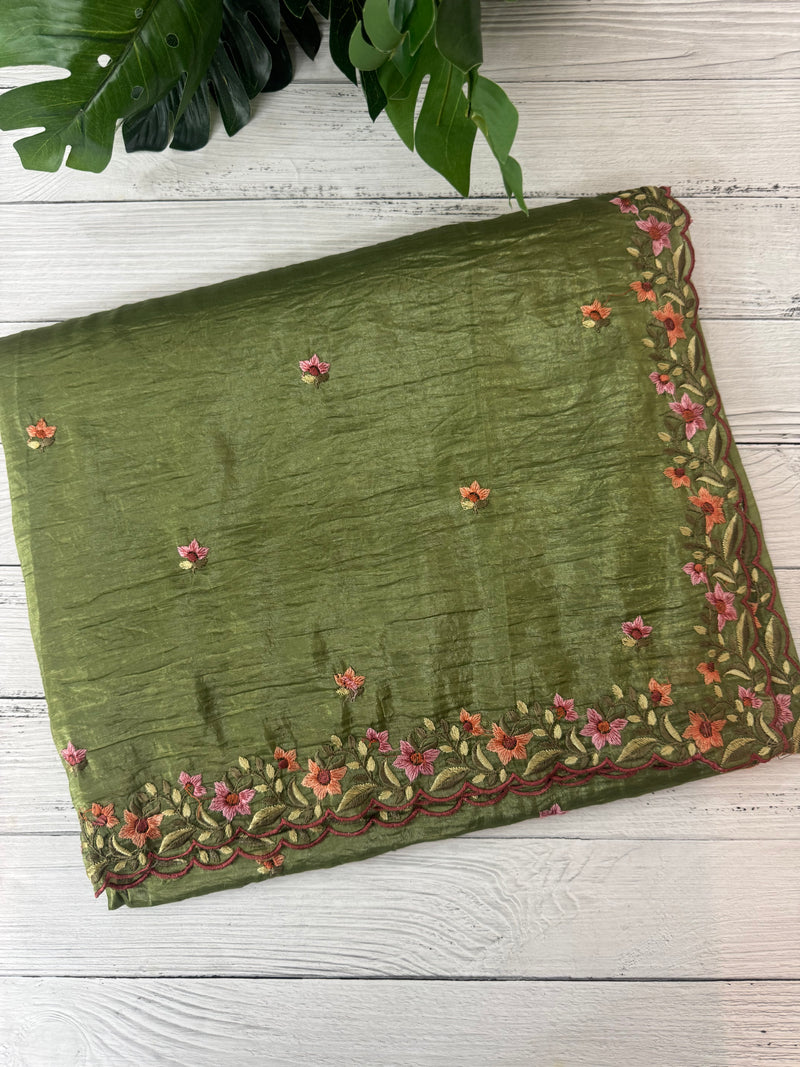 Crush Organza embroidery saree MS14567 LeafGreen
