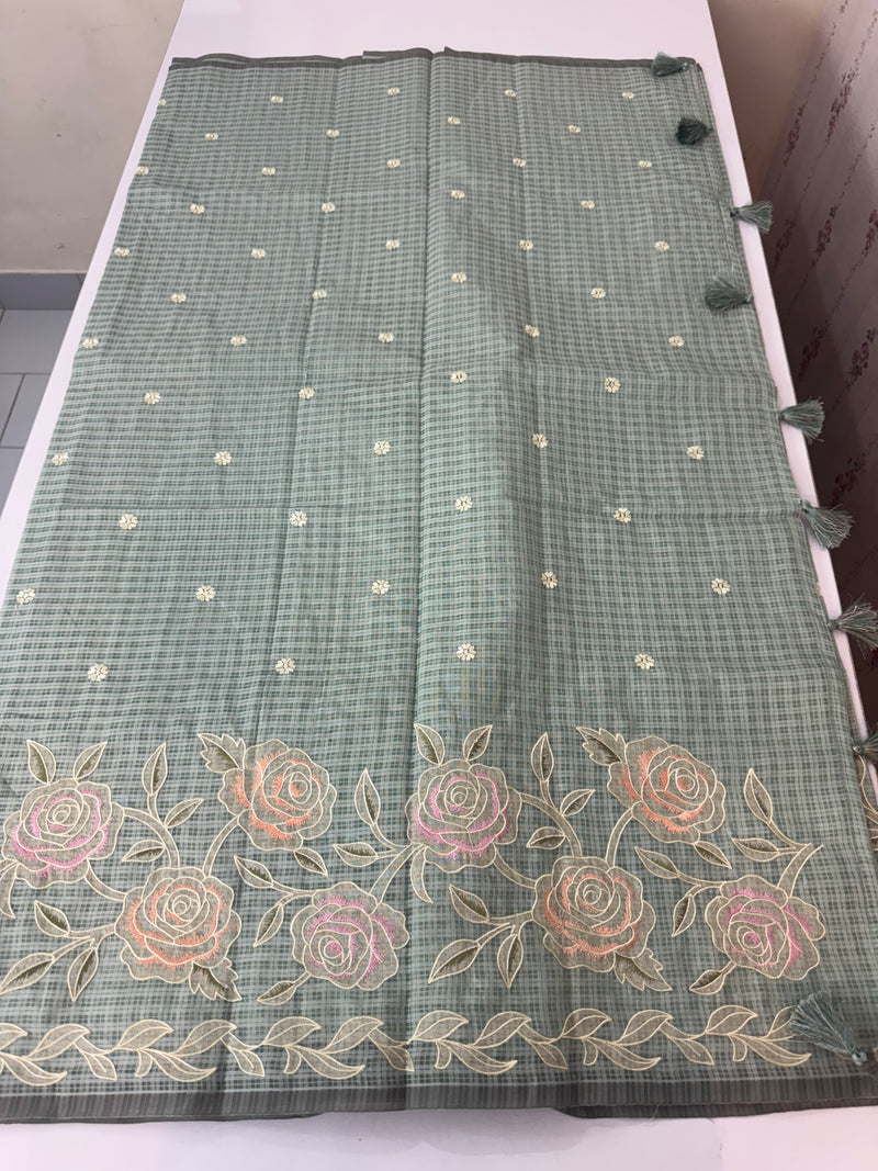 Applique and embroidery work 
 Kota Silk saree MSH118- DuksyBlueGreen